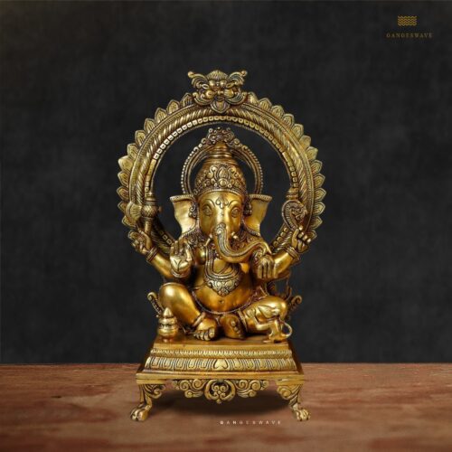 Brass Ganesha Statue with Ornate Prabhavali- 16.5 inches