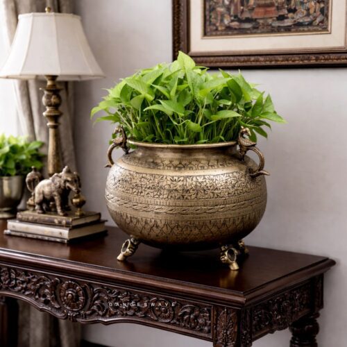 Vintage finished Brass Planter with Peacock - 11 inches