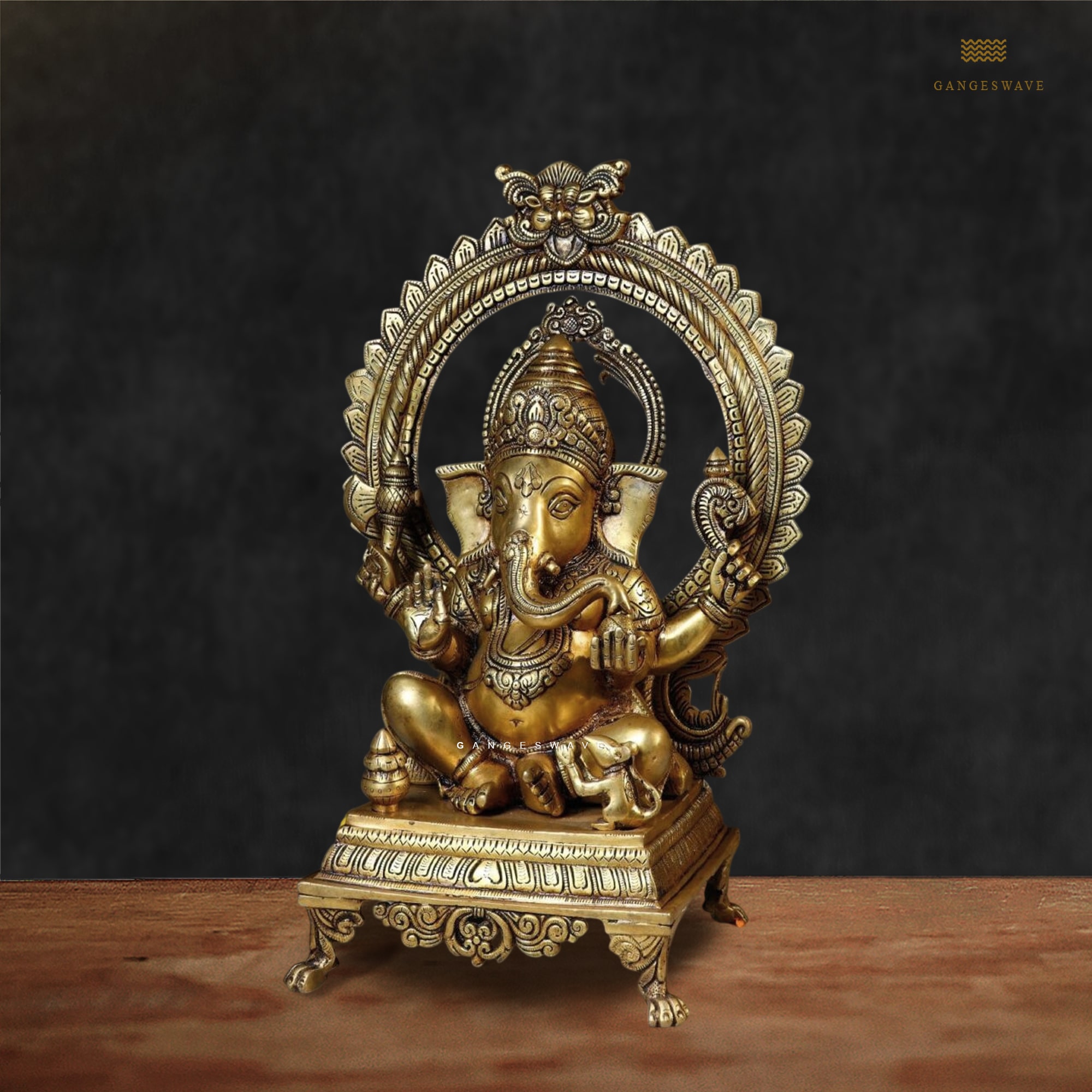 Brass Ganesha Statue with Ornate Prabhavali- 16.5 inches - Image 2