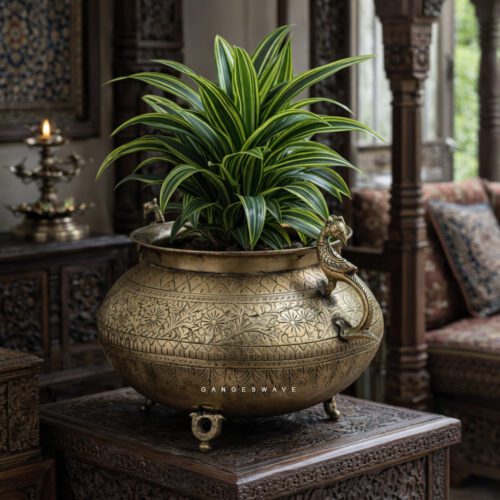 Vintage Brass Planter with Peacock - 9 inches