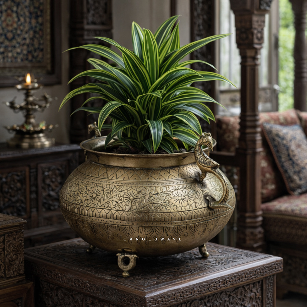 Vintage Brass Planter with Peacock - 9 inches