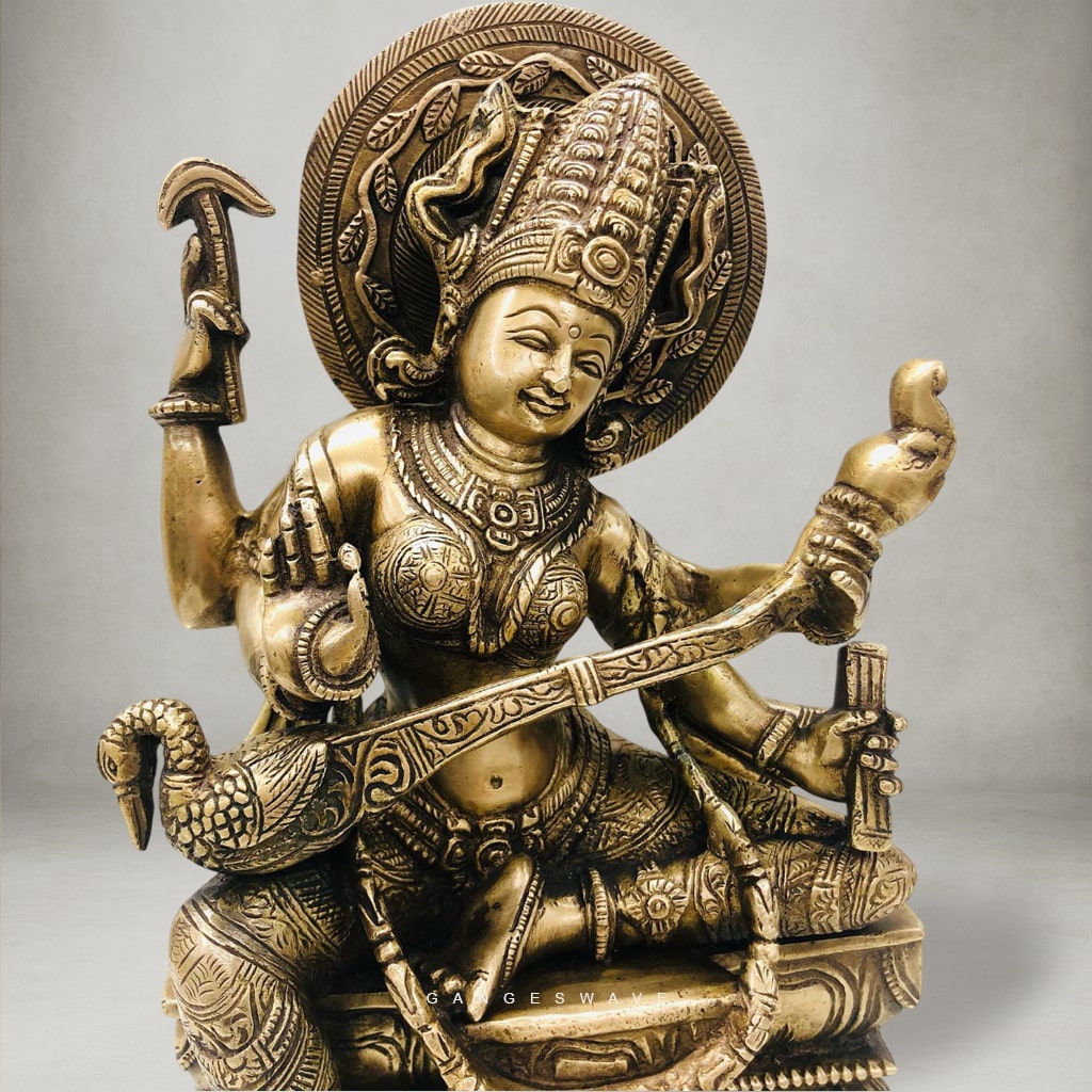 Vintage Chola-Style Brass Saraswati Statue - 11 inches - Image 3