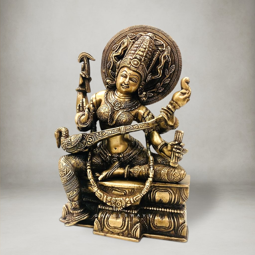 Vintage Chola-Style Brass Saraswati Statue - 11 inches - Image 4