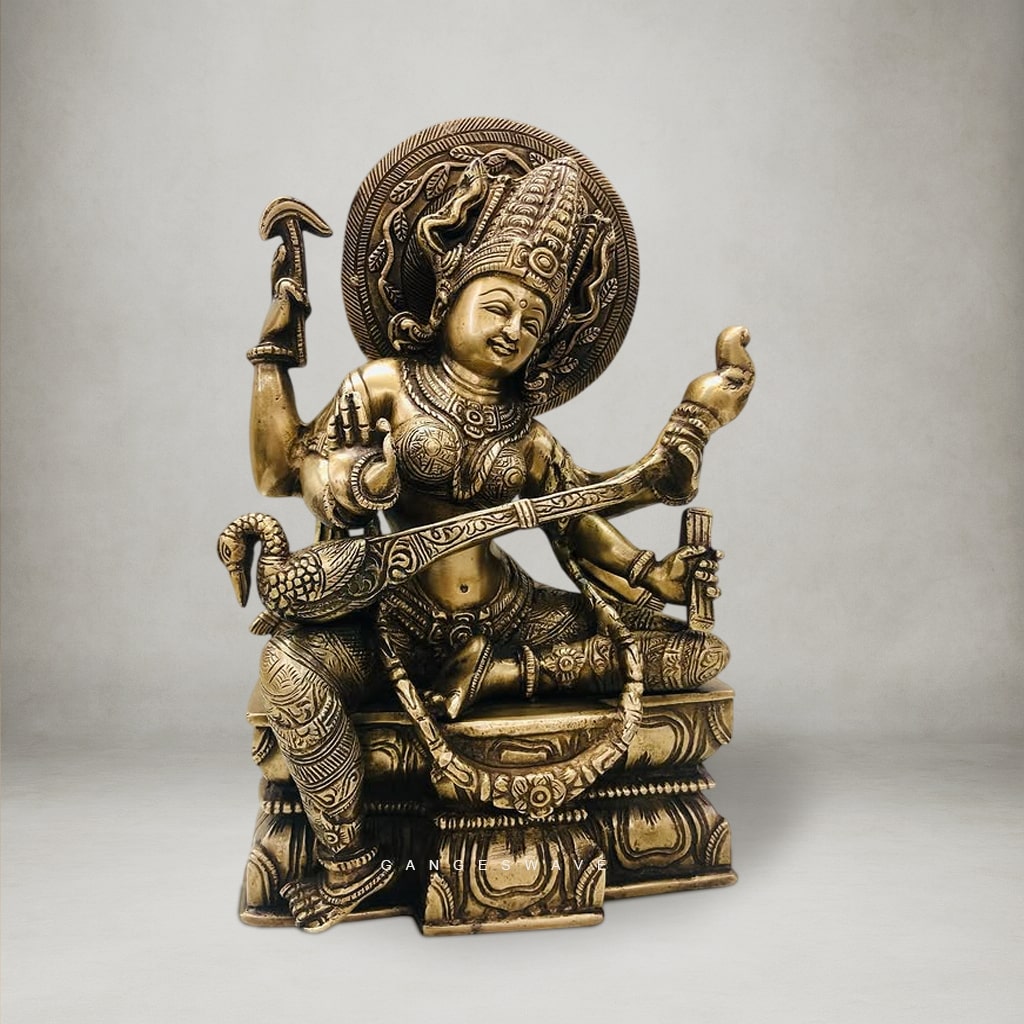 Vintage Chola-Style Brass Saraswati Statue - 11 inches - Image 2