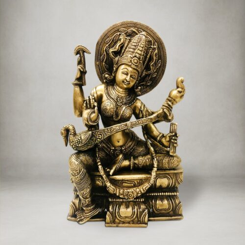 Vintage Chola-Style Brass Saraswati Statue - 11 inches