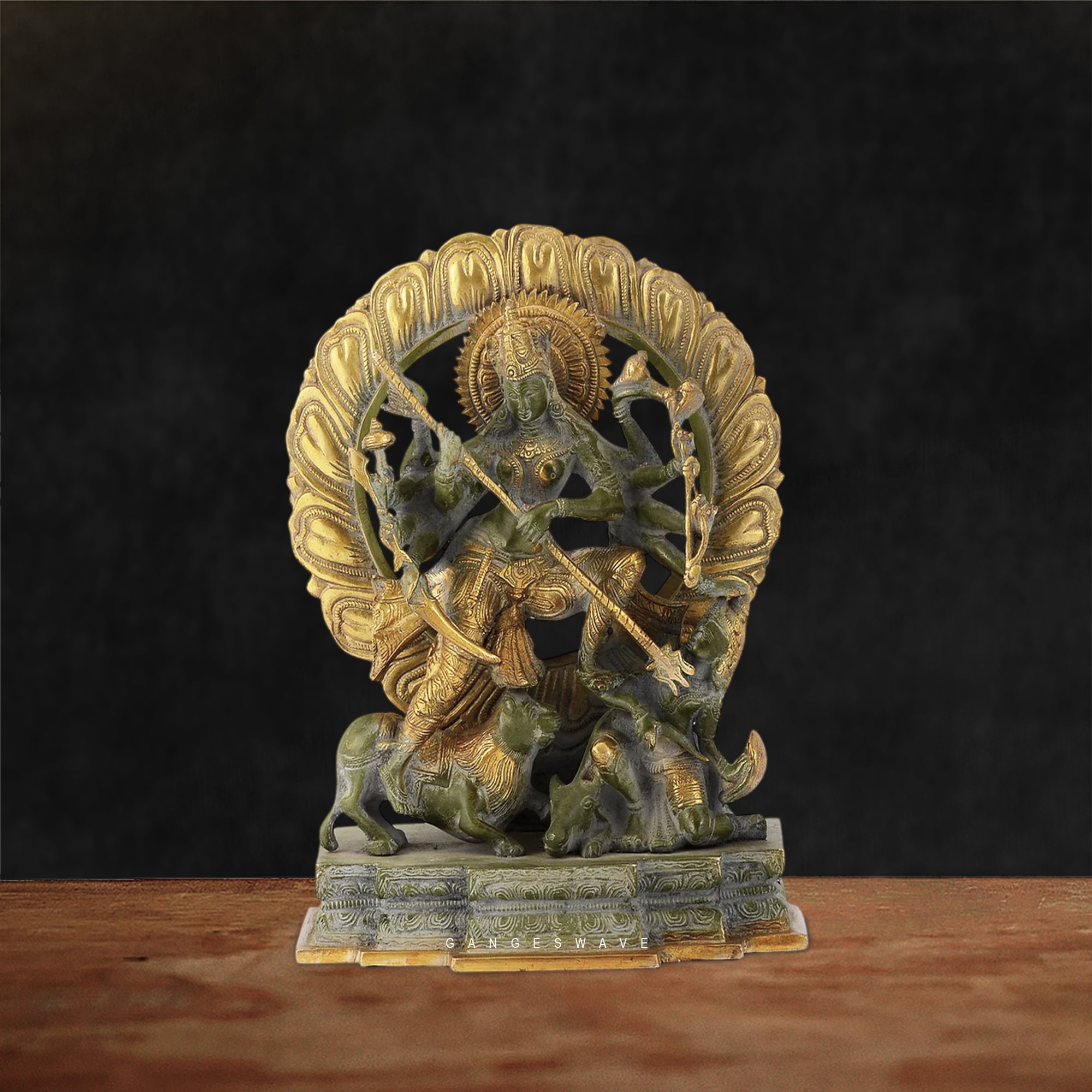 Mahishasur Mardini Brass Vintage Finished Statue - 12.5 inches - Image 3