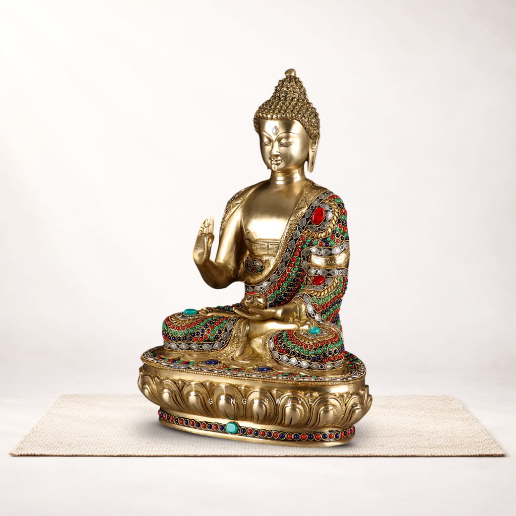 Handcrafted Brass Buddha Statue with Multicolor Stone Inlay | Meditating Buddha Idol for Home & Office Décor - Image 4