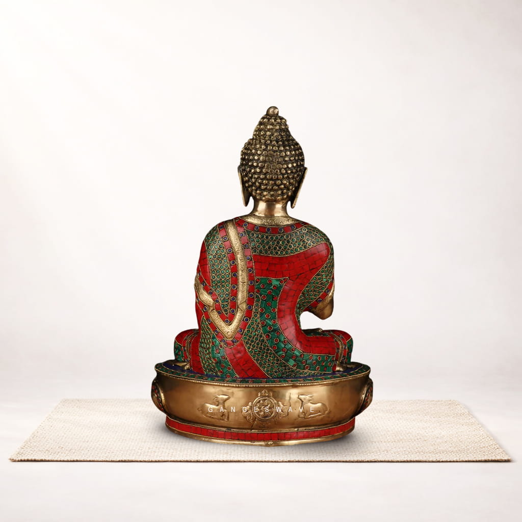 Handcrafted Brass Buddha Statue with Multicolor Stone Inlay - Image 2