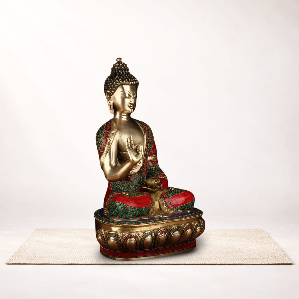 Handcrafted Brass Buddha Statue with Multicolor Stone Inlay - Image 4