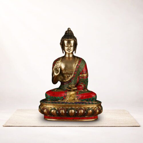 Handcrafted Brass Buddha Statue with Multicolor Stone Inlay