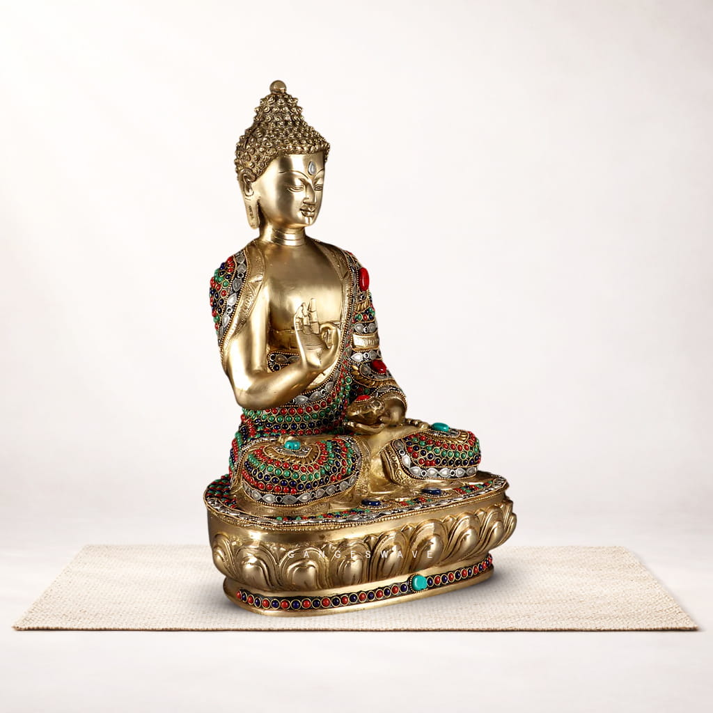Handcrafted Brass Buddha Statue with Multicolor Stone Inlay | Meditating Buddha Idol for Home & Office Décor - Image 2