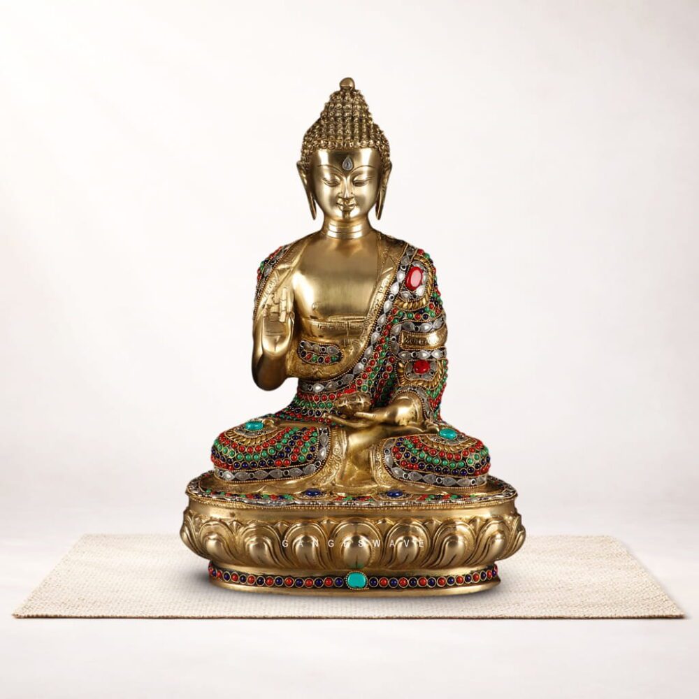 Handcrafted brass Buddha statue with multicolor stone inlay in meditative posture