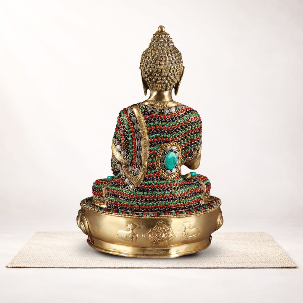 Handcrafted Brass Buddha Statue with Multicolor Stone Inlay | Meditating Buddha Idol for Home & Office Décor - Image 3