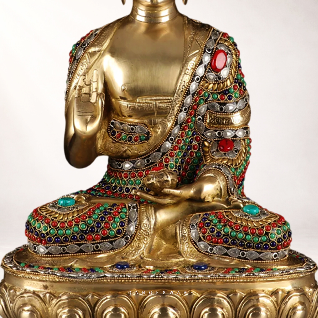 Handcrafted Brass Buddha Statue with Multicolor Stone Inlay | Meditating Buddha Idol for Home & Office Décor - Image 5
