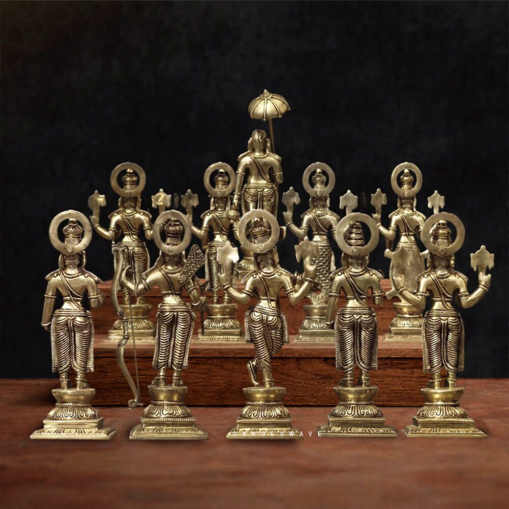 Antique finish brass Vishnu avatars idol set made by Indian artisans