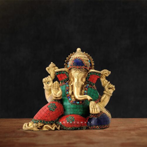 Brass Lord Ganesha Statue with Stone Inlay - 9.5 inches