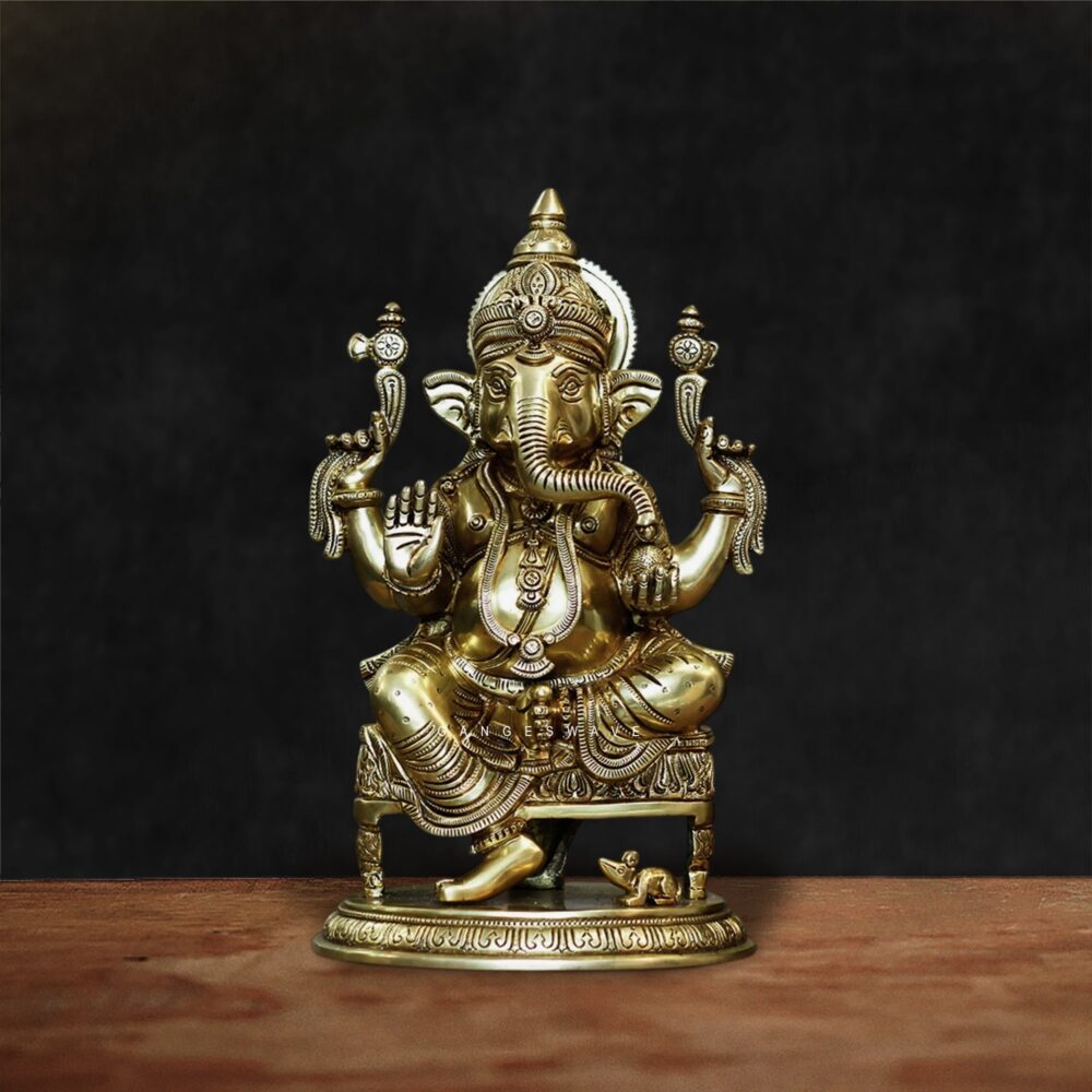 Ganeshji Brass Statue Sitting in Chowki - 15 inches