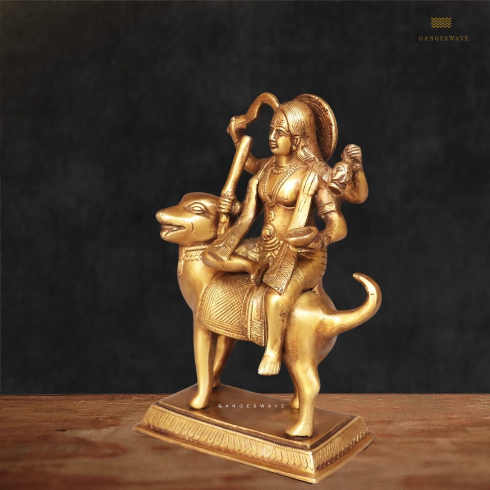 Handcrafted brass Kaal Bhairav murti with dog vahana for home temple