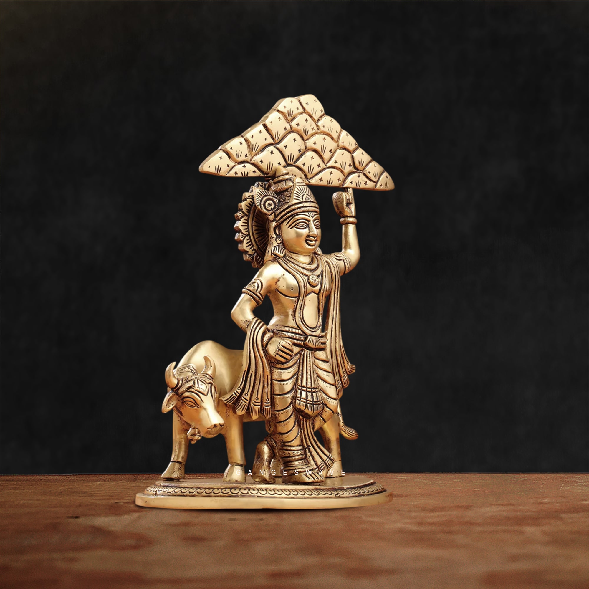 Lord Krishna Lifting Govardhan Parvat Brass Statue - 10 inches - Image 3