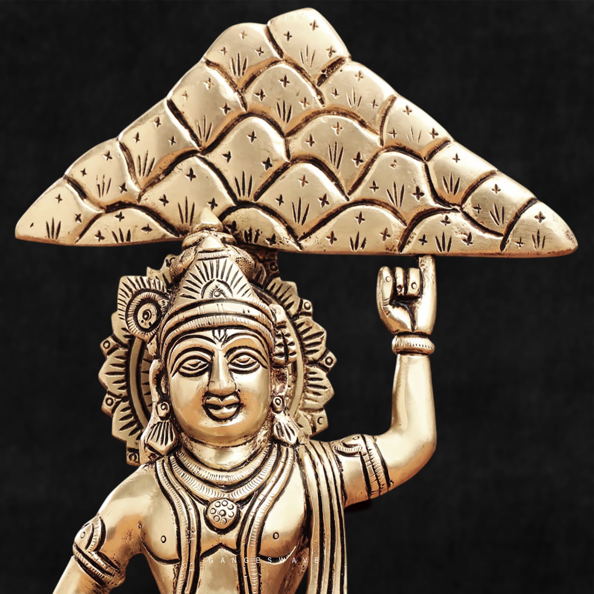 Lord Krishna Lifting Govardhan Parvat Brass Statue - 10 inches - Image 4