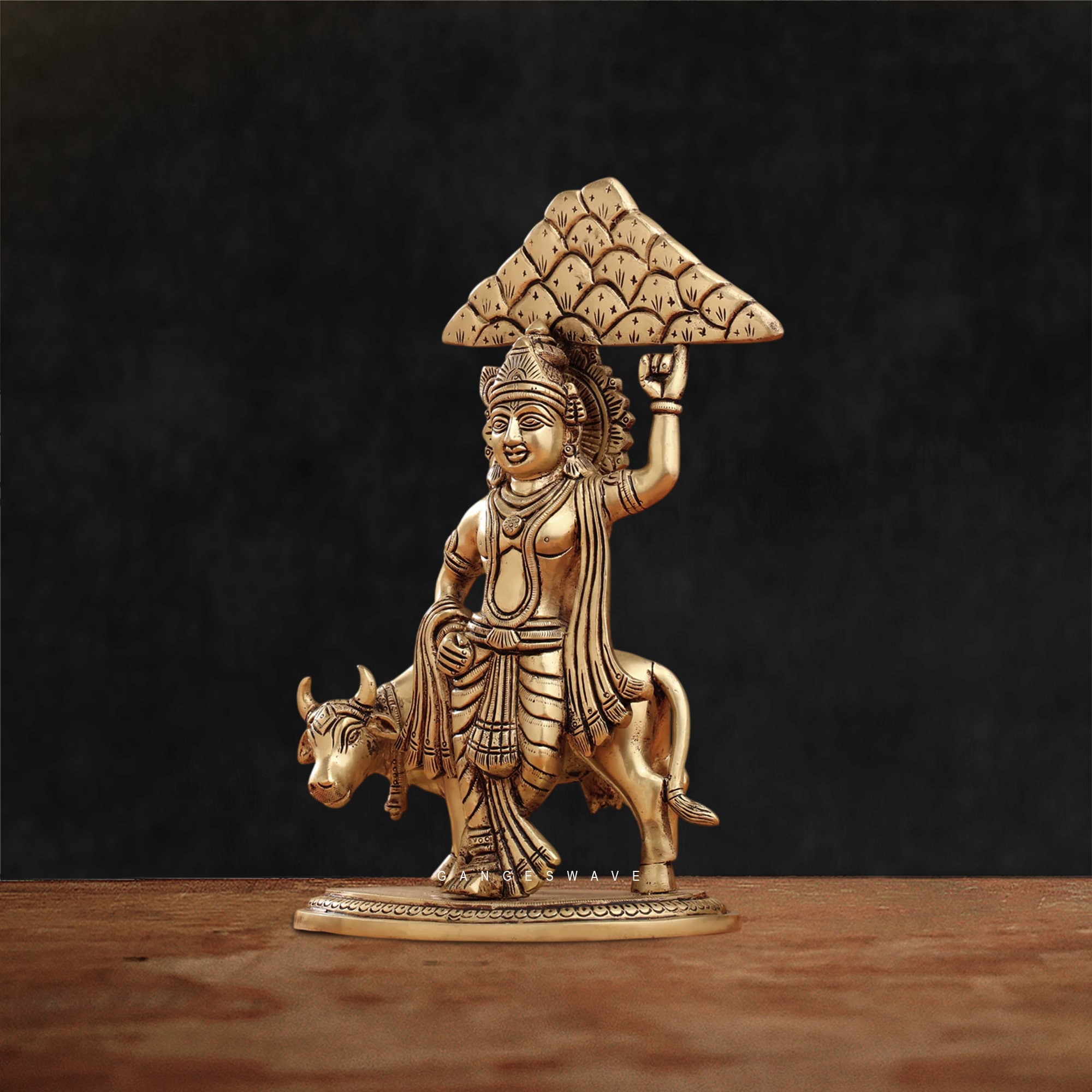 Lord Krishna Lifting Govardhan Parvat Brass Statue - 10 inches - Image 2