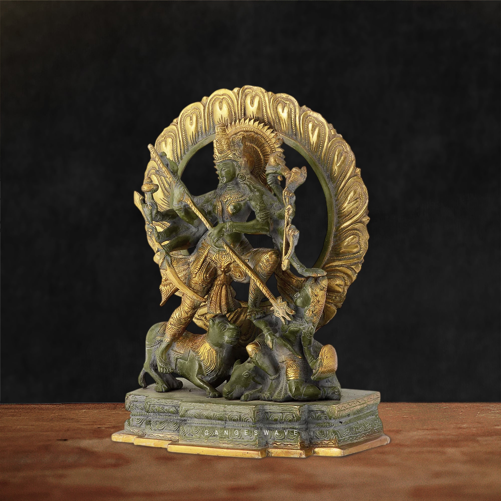 Mahishasur Mardini Brass Vintage Finished Statue - 12.5 inches - Image 2