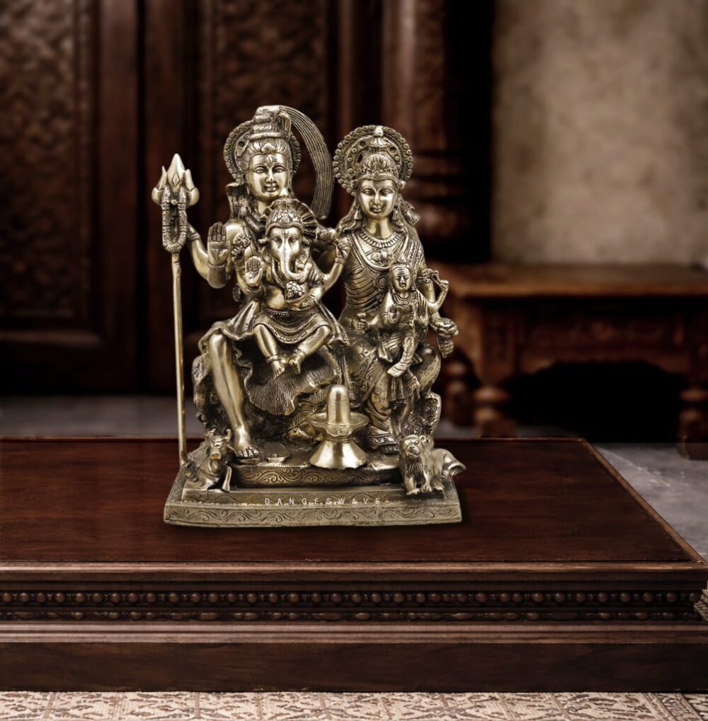 Brass Shiv Parvati Family Idol with Ganesh & Kartikeya