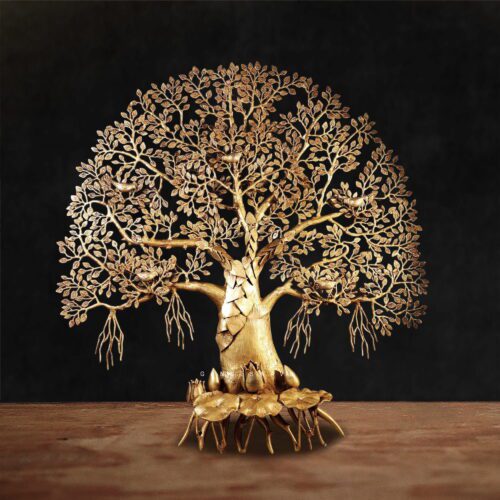 Handcrafted brass Tree of Life sculpture with intricate leaves and roots