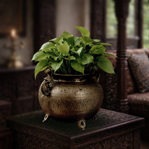 Vintage Brass Planter with Bird Handle - 8.5 inches