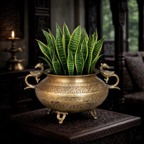 Vintage Brass Planter with Peacock Handle - 6.5 inches