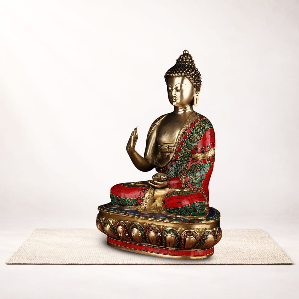 Handcrafted Brass Buddha Statue with Multicolor Stone Inlay - Image 3