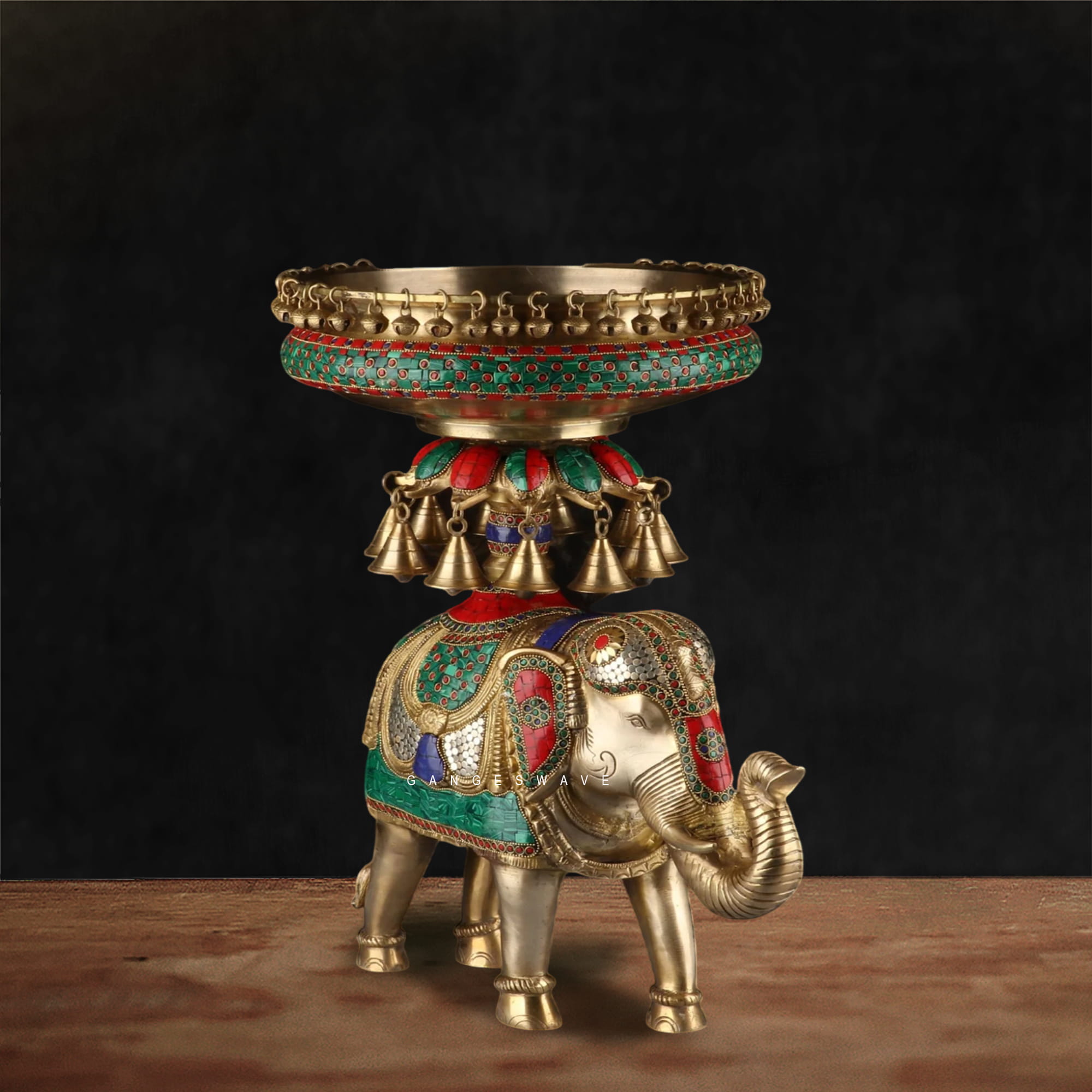 Ornate Brass Elephant Urli with Stone Inlay Work & Hanging Bells - Image 4