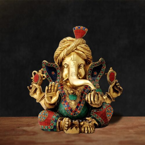 Ganesha Brass Murti with Stone Inlay Work - 14 inches
