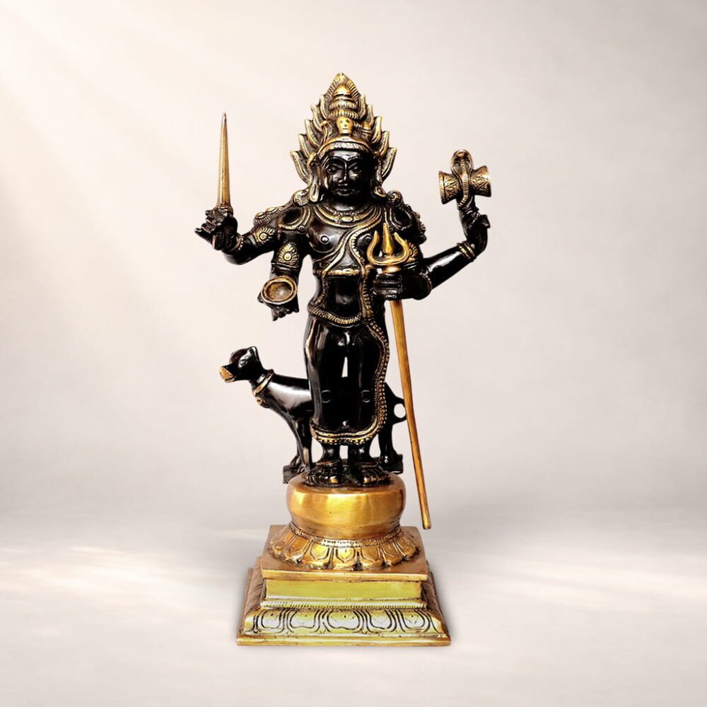 Brass Kal Bhairav statue with antique black and gold finish