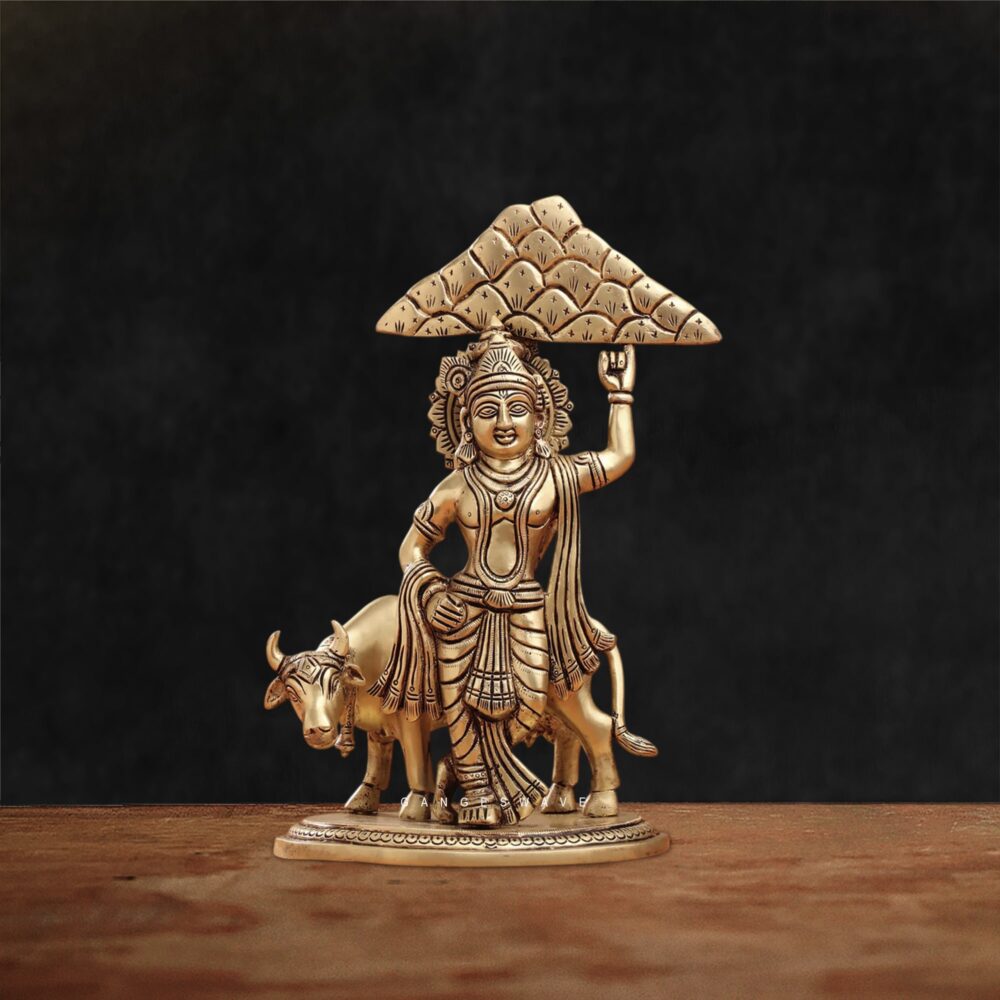 Handcrafted brass Lord Krishna statue lifting Govardhan Parvat with cow, premium spiritual home decor idol