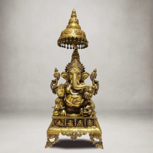 Large handcrafted brass Lord Ganesha statue with ornate canopy for home temple