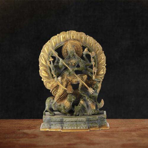 Mahishasur Mardini Brass Vintage Finished Statue - 12.5 inches