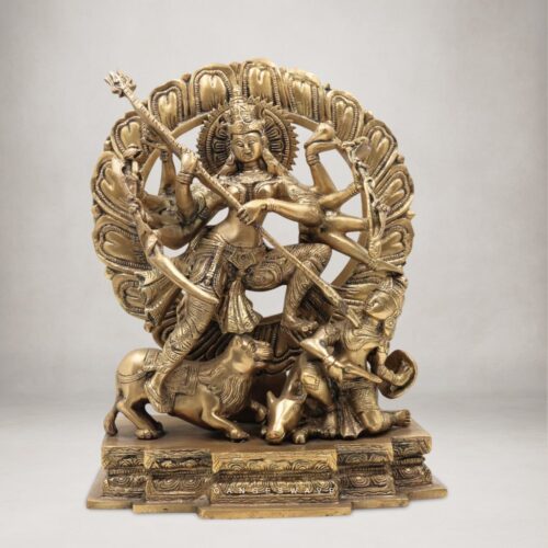 Handcrafted Mahishasur Mardini brass statue of Goddess Durga slaying Mahishasura with lion mount