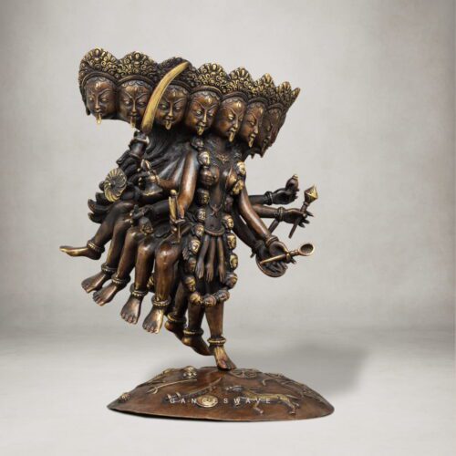 Nepali Mahakali Pure Copper Statue | Multi-Faced Tantric Goddess Murti