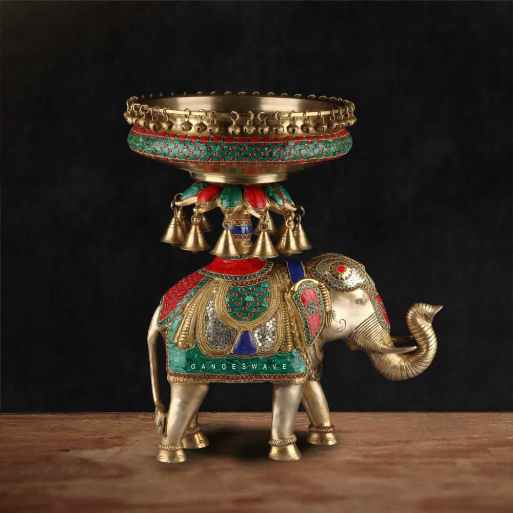 Handcrafted brass elephant urli with colorful enamel work and hanging bells for luxury Indian home decor