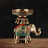 Handcrafted brass elephant urli with colorful enamel work and hanging bells for luxury Indian home decor