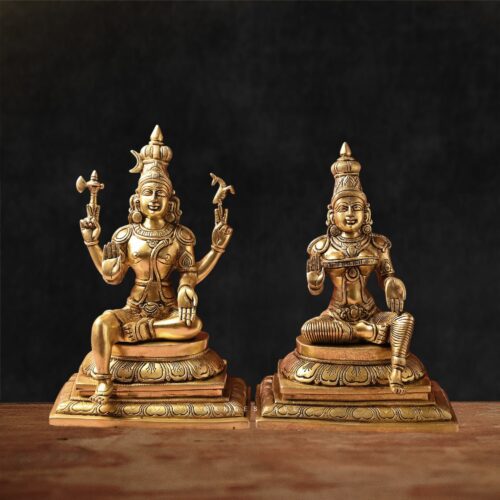 Handcrafted brass Shiva Parvati statue with antique gold finish