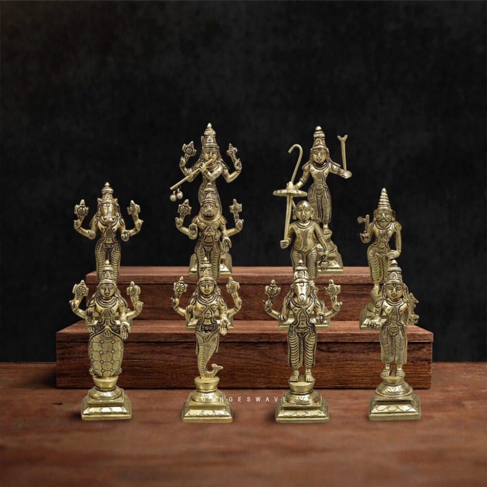 handcrafted Vishnu Dashavatar brass idols for home temple, authentic Dashavatara brass statues India, premium Hindu pooja idols brass