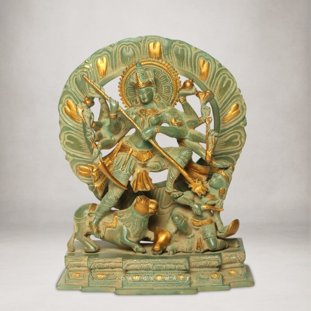 Mahishasur Mardini Vintage Finished Brass Murti - 12.5 inches