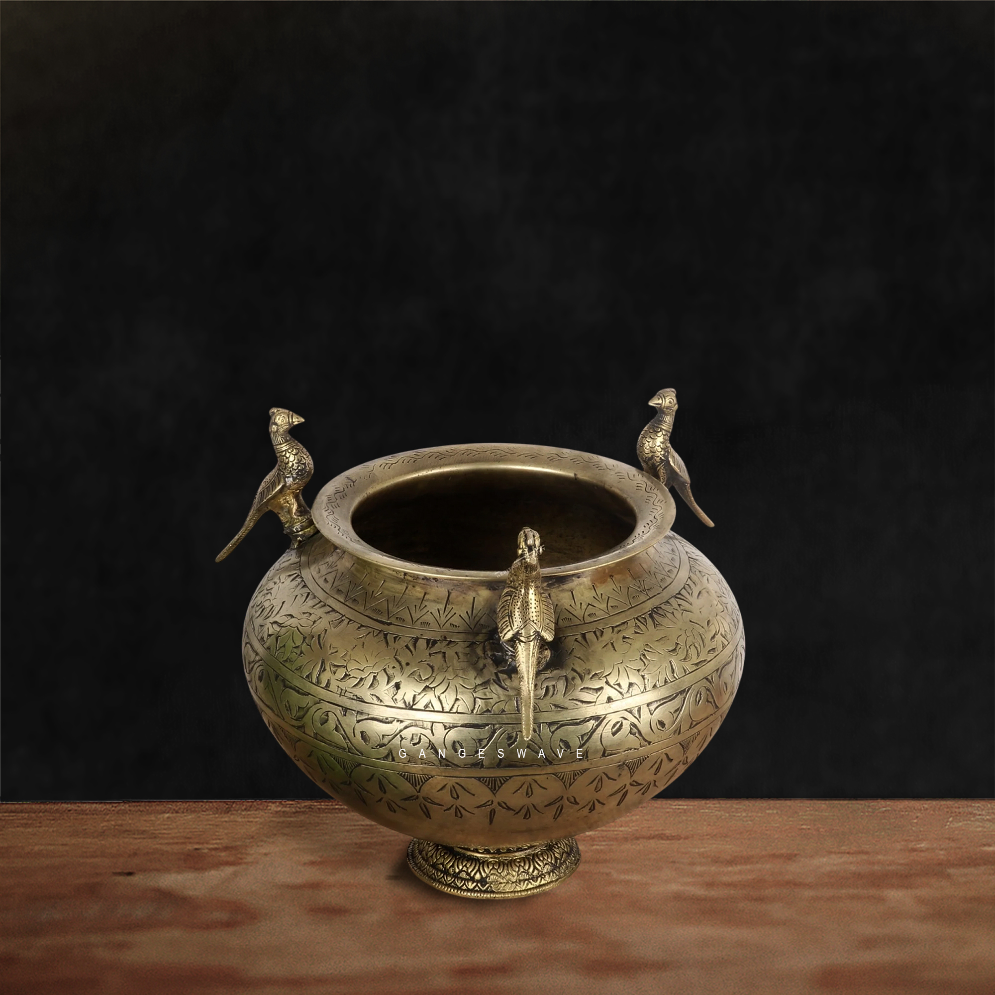 Premium Handcrafted Brass Planter with Engraved Peacock Handles | Vintage Indian Home Décor - Image 2