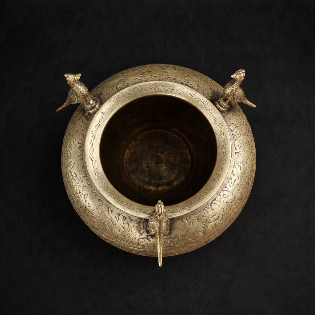 Premium Handcrafted Brass Planter with Engraved Peacock Handles | Vintage Indian Home Décor - Image 6