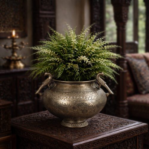Premium Handcrafted Brass Planter with Engraved Peacock Handles | Vintage Indian Home Décor