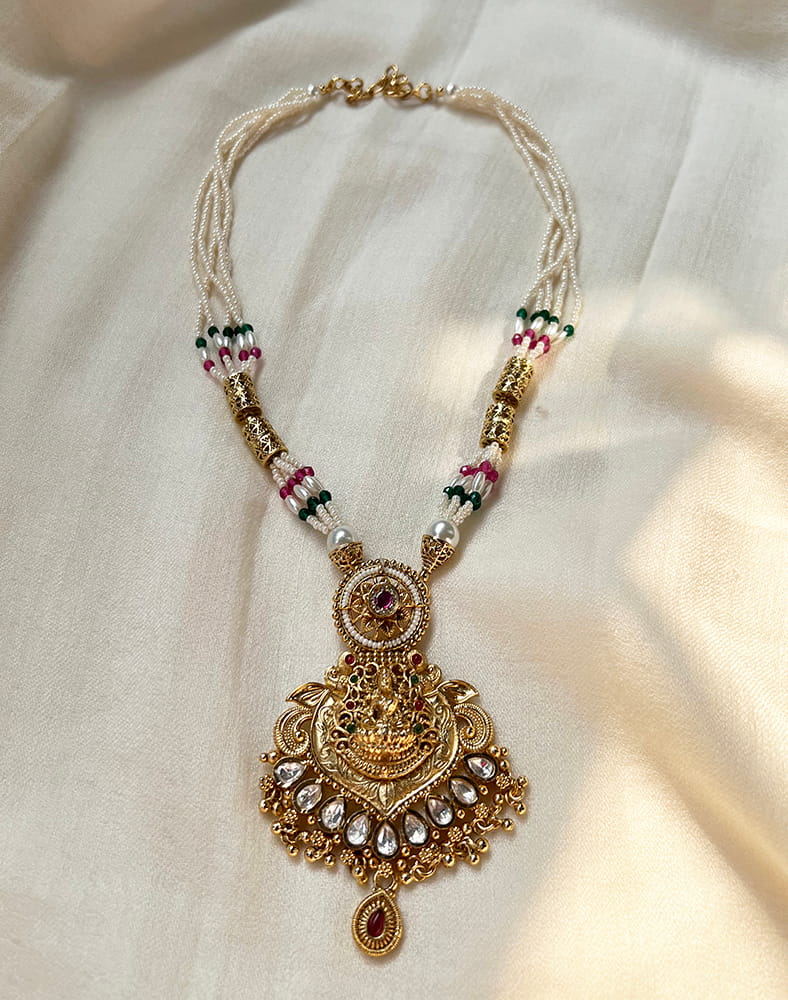 Handcrafted Temple Necklace in Gold Plating with Pearl Beads