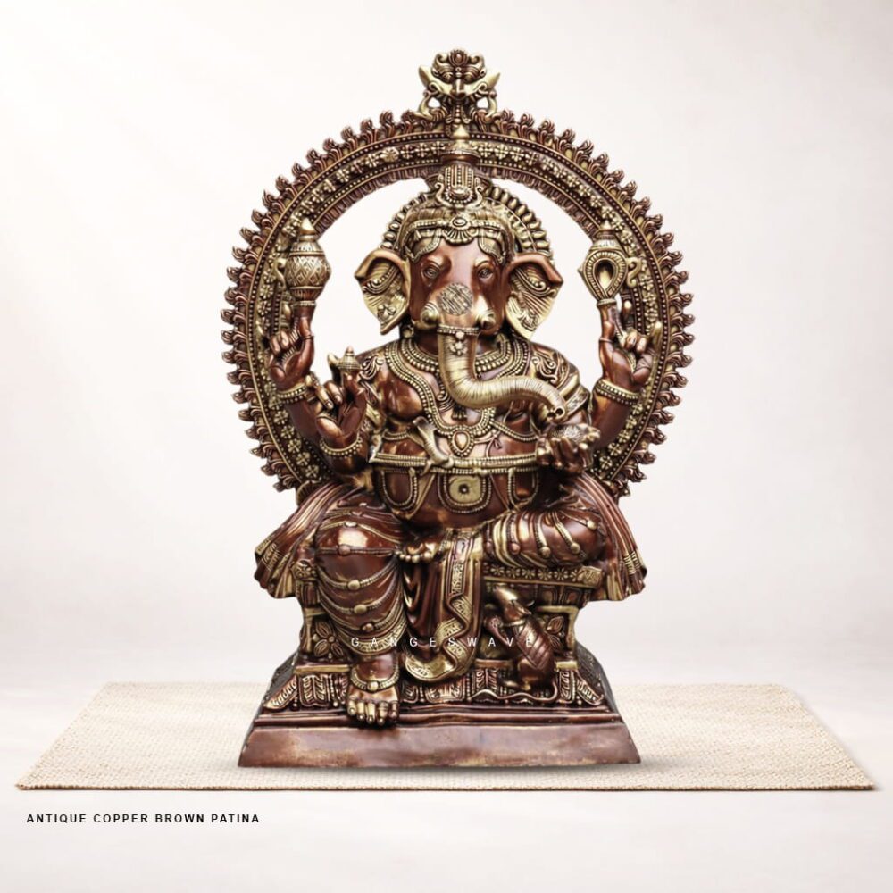 Large Antique Copper Gold Patina Brass Ganesh Statue