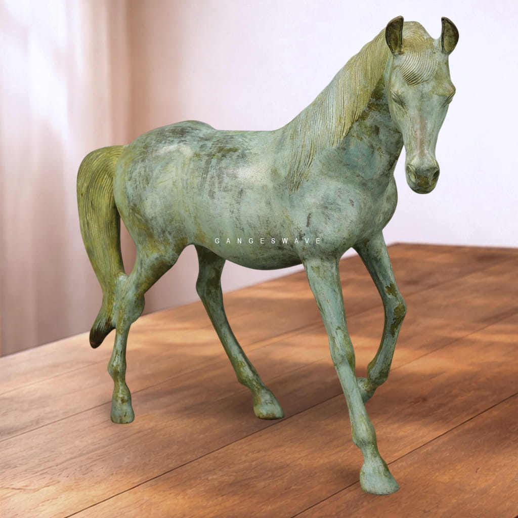 Luxury Handcrafted Brass Horse Statue with Antique Green Patina – Premium Home Décor Artifact - Image 3